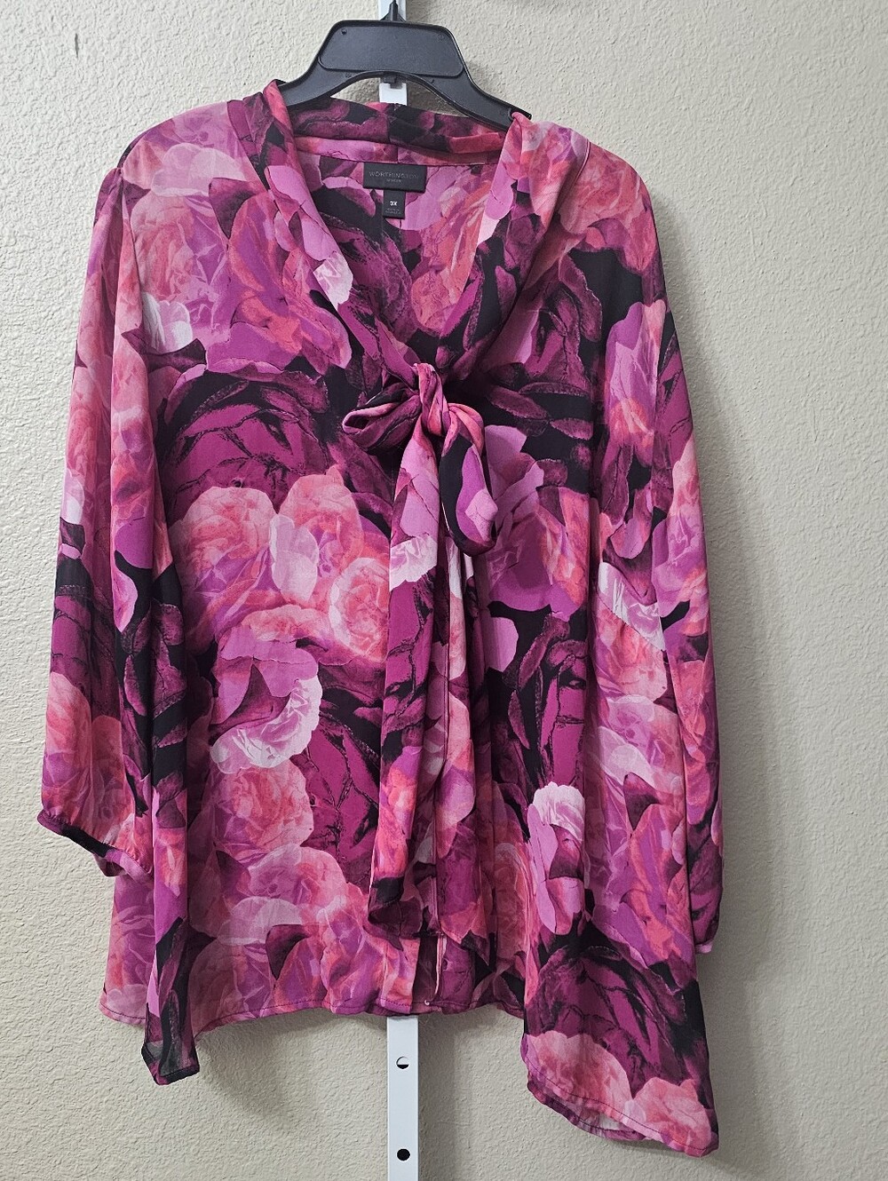 Worthington Pink and Burgundy Floral Tie-Neck Blouse